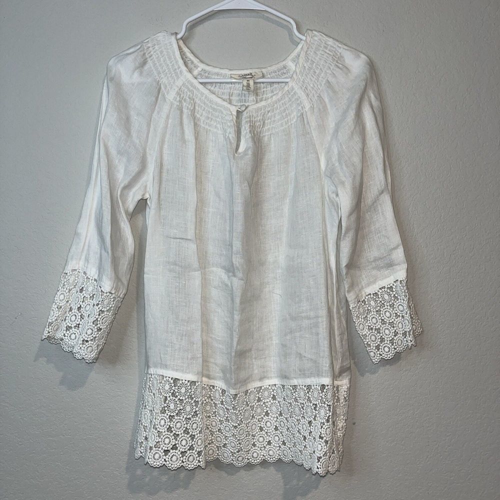 Linen Charter club Luxury XS 100% Linen Crochet Detail 3/4 Sleeves Boho White